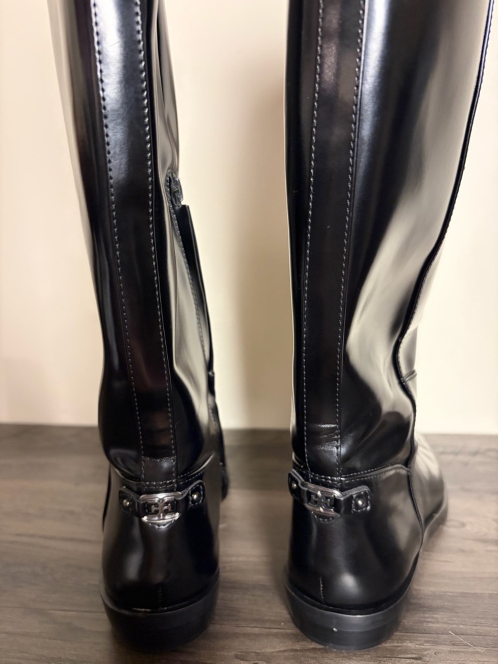 Sam Edelman Cesar Riding Boots Size 7.5 Black Shiny Square Toe Knee High Witchy - Picture 7 of 10